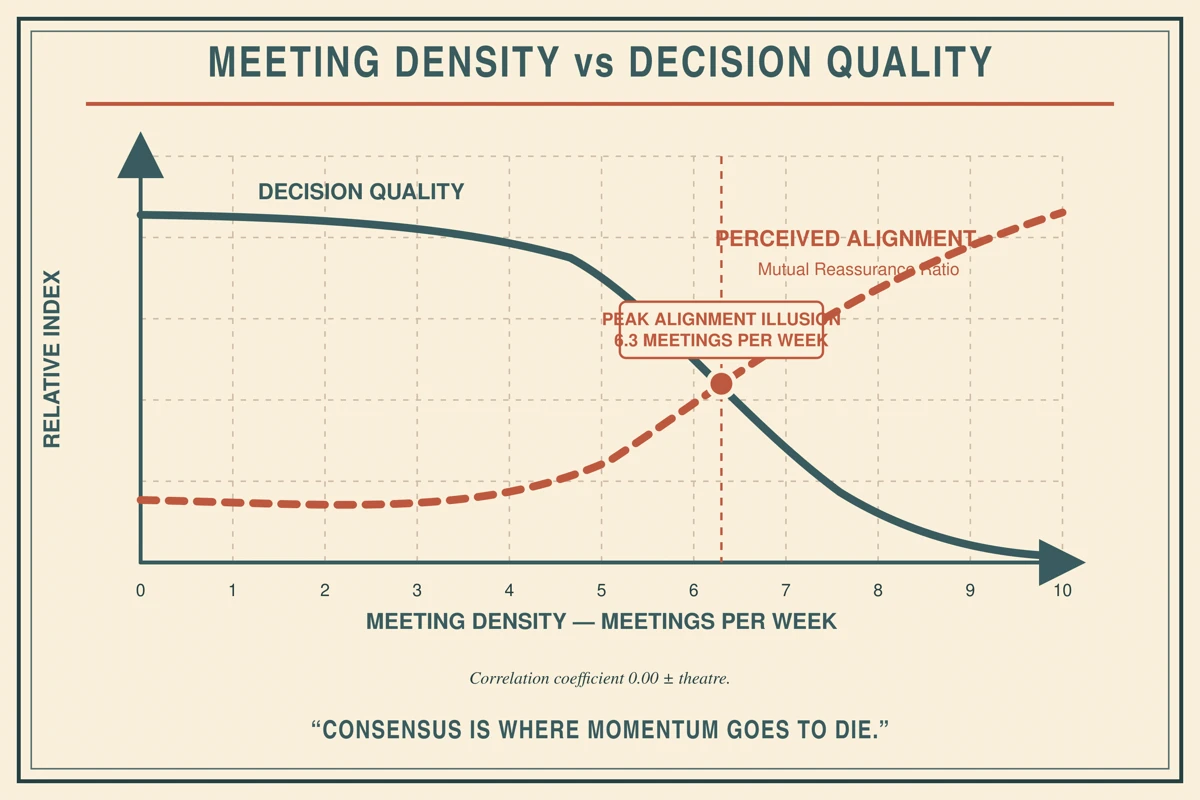 Satirical chart: decision quality declines as meeting density rises, while perceived alignment increases.