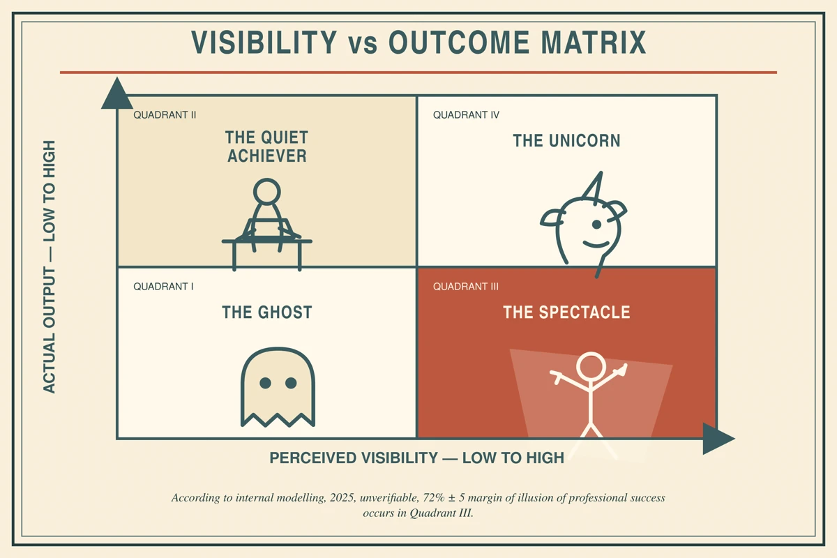 The Department's satirical visibility versus outcome matrix contrasts visible activity with useful work: the quiet achiever, the unicorn, the ghost and the spectacle.